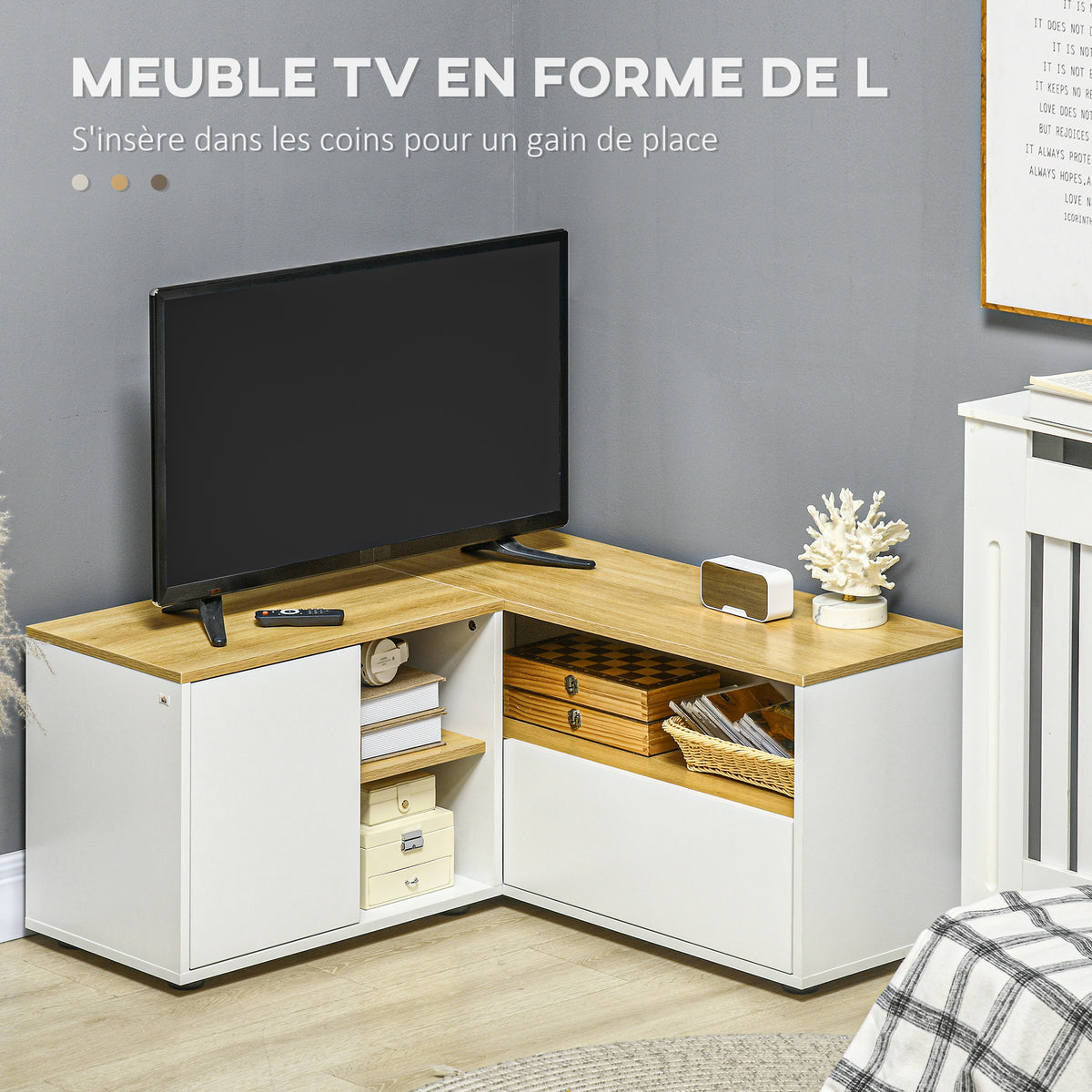 Meuble TV d'angle, jusqu'à 40 pouces avec rangements aspect bois clair et blanc