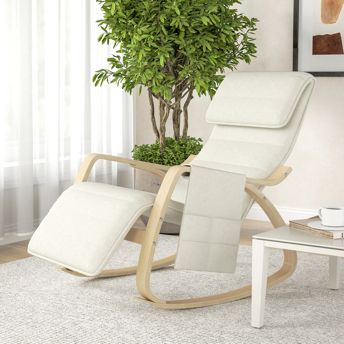 Fauteuil à bascule avec repose-pieds réglable, poche latérale, blanc crème
