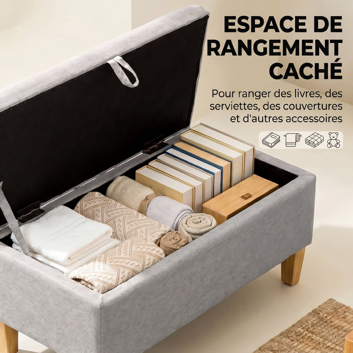 Banc de rangement, en lin avec pieds en bois de caoutchouc, 71x37x36cm, gris clair