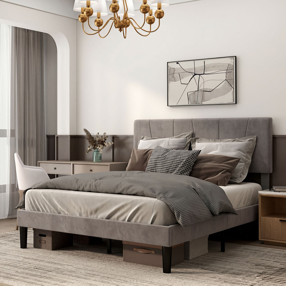 Cadre de lit double 140 x 190 cm, tête de lit réglable sommier 150 x 198 x 100/105/110/115/120 cm gris