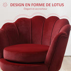 Fauteuil en velours, forme coquillage avec pieds en métal doré, rouge