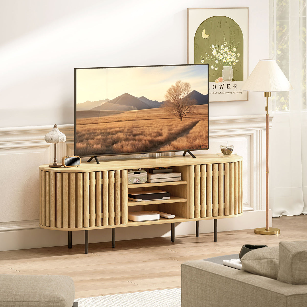 Meuble TV, 60 pouces, 2 portes à lattes, 140x40x52cm, bois naturel