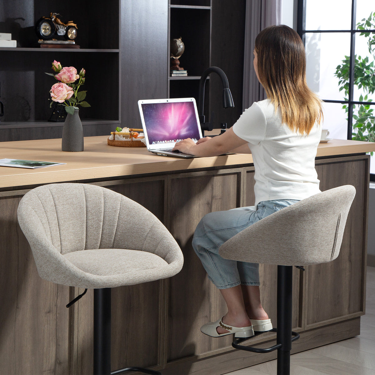 Lot de 2 tabourets de bar, repose-pieds, beige