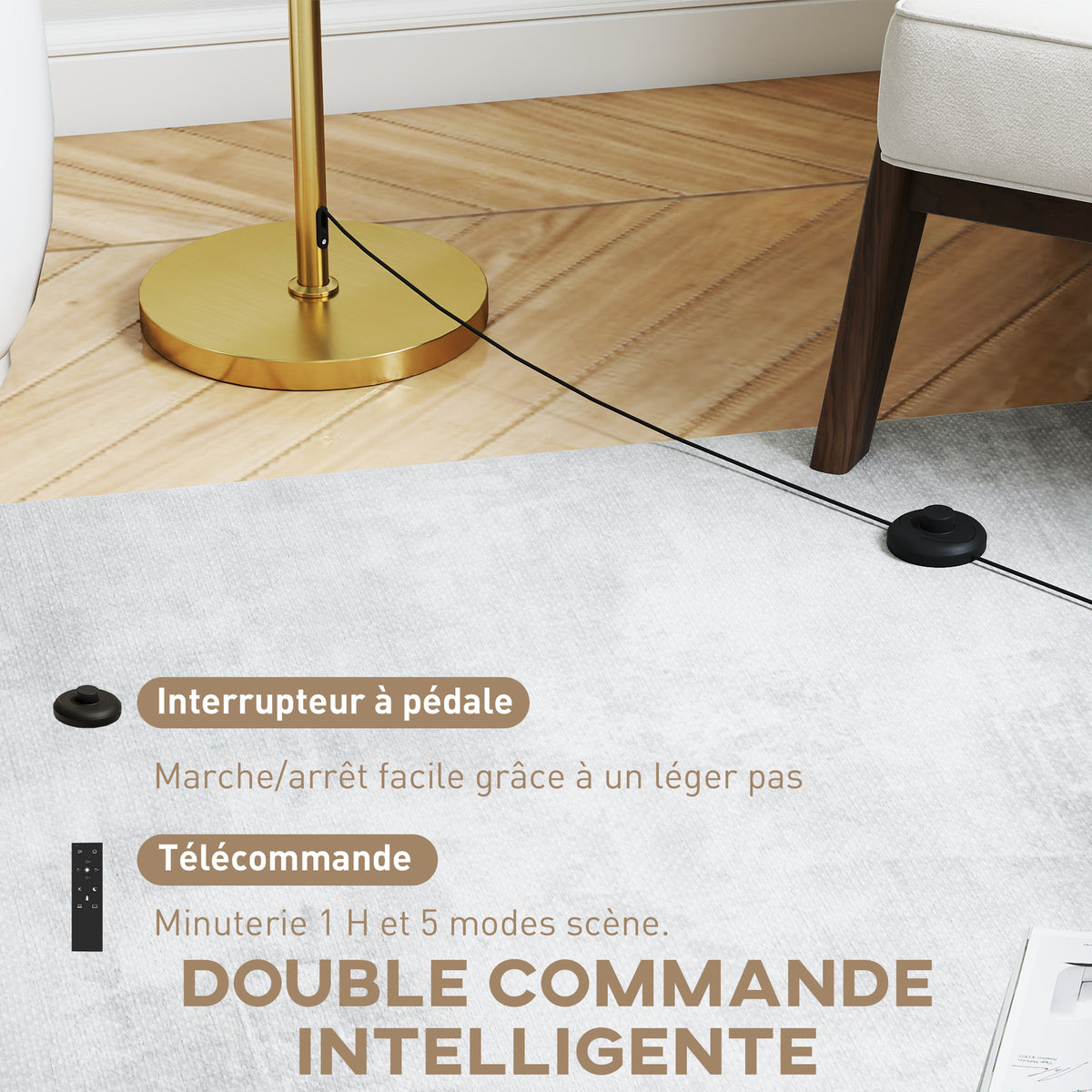 Lampadaire / lampe sur pied, abat-jour en lin, hauteur réglable 133-168cm, doré