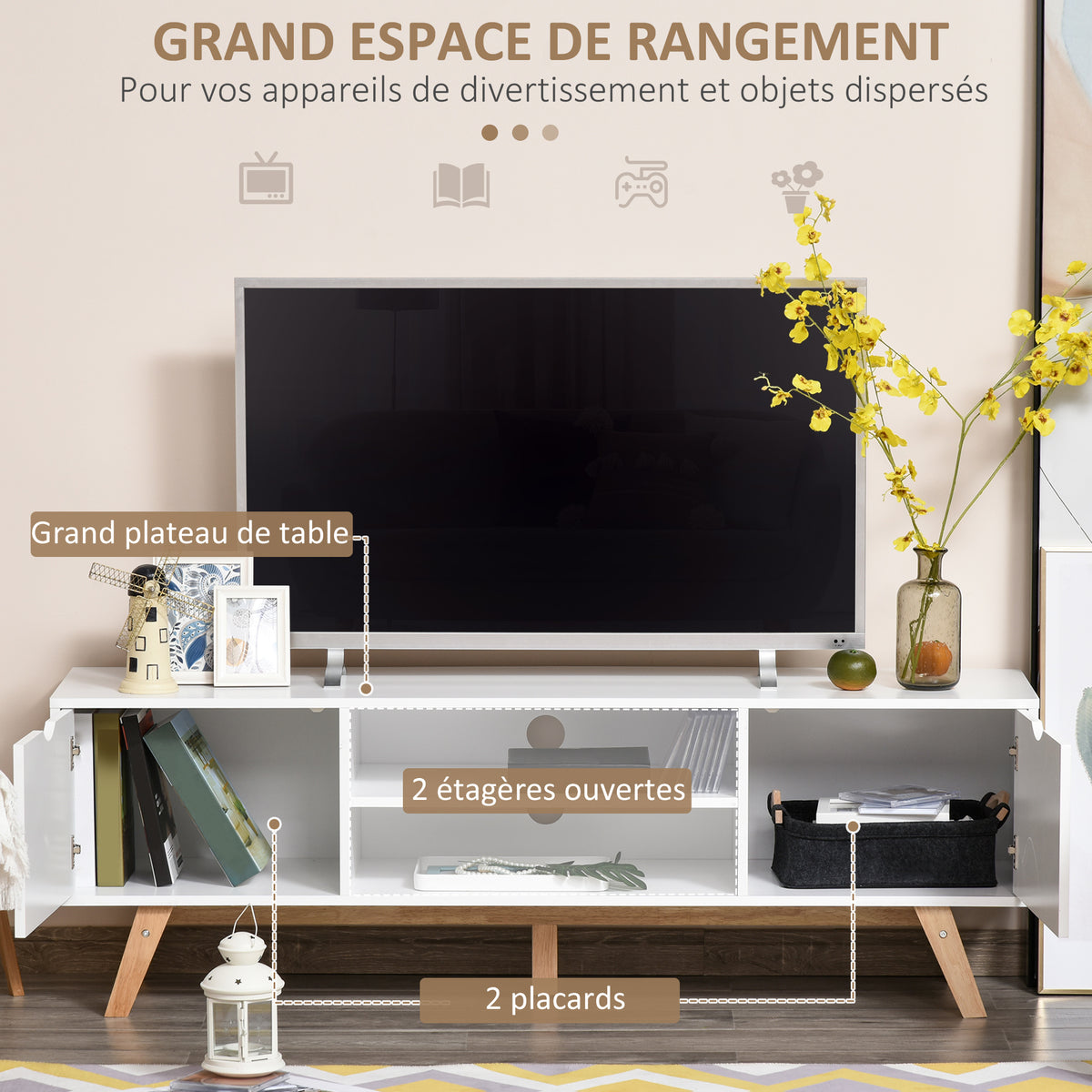 Meuble TV, sur Pied, 2 Portes 2 niches en Bois Blanc 150L x 39l x 50H cm
