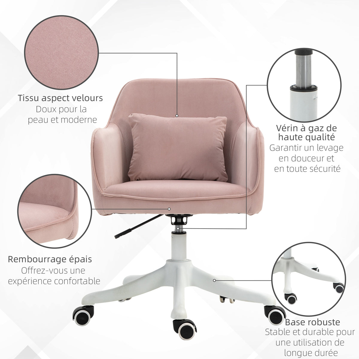 Chaise de bureau velours, massante, rose poudré