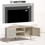 Meuble TV d'Angle 115 cm, jusqu'à 65 Pouces, 2 Portes en Rotin 2 Compartiments, Chêne