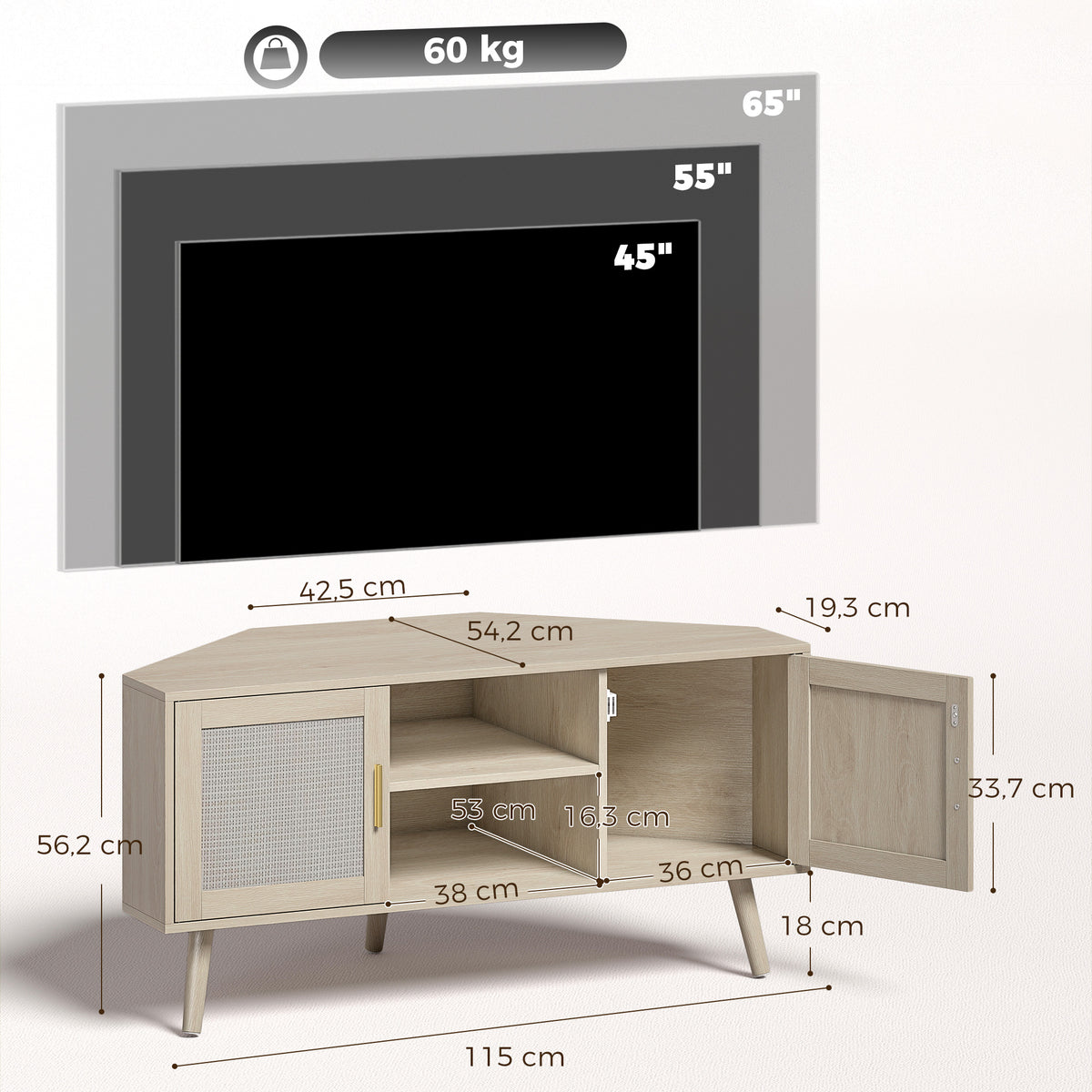 Meuble TV d'Angle 115 cm, jusqu'à 65 Pouces, 2 Portes en Rotin 2 Compartiments, Chêne