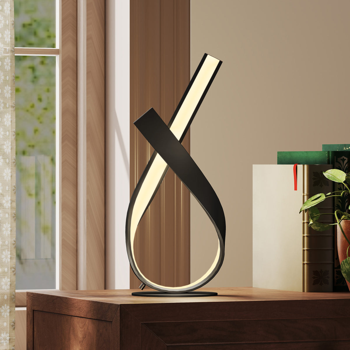 Lampe à design contemporain - design spirale - dim. 21L x 15l x 43H cm - alu. noir LED blanc chaud