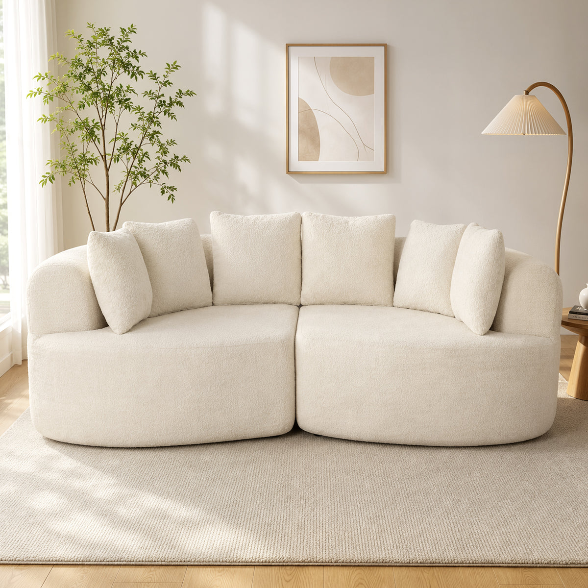 Canapé 3 Places Incurvé 188 cm, 6 Coussins, Rembourrage Épais, Crème