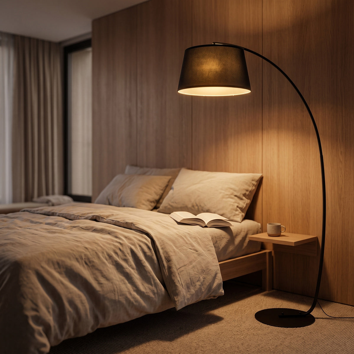 Lampadaire / lampe, Arc Salon Courbée - Arceau Moderne en Métal - Métal et Lin, Noir
