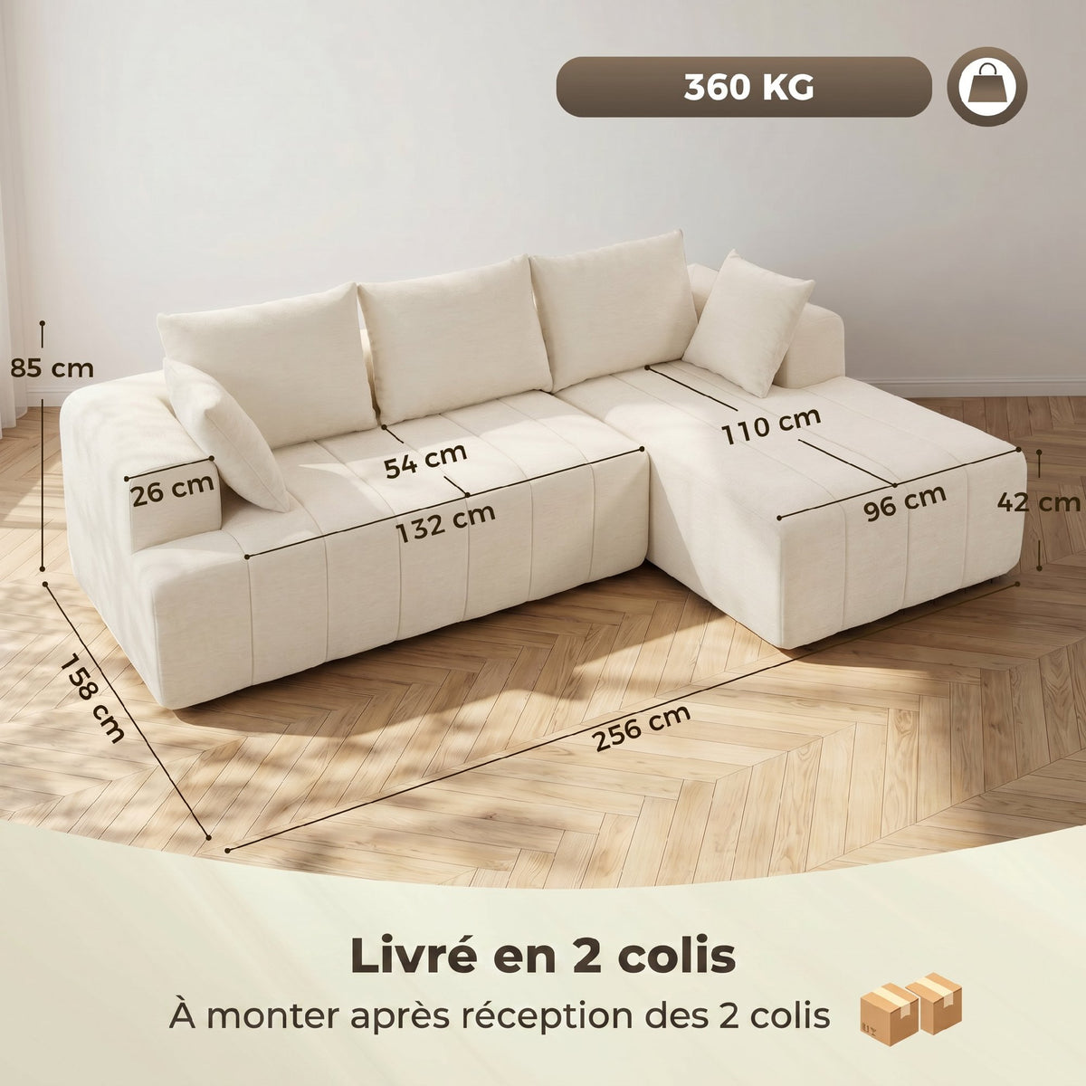 Canapé d'angle 256 cm avec méridienne, canapé-lit 3 places, beige