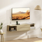Meuble TV suspendu,50 pouces, tiroir étagères passe-câbles 120x24x22,4cm. Effet bois naturel