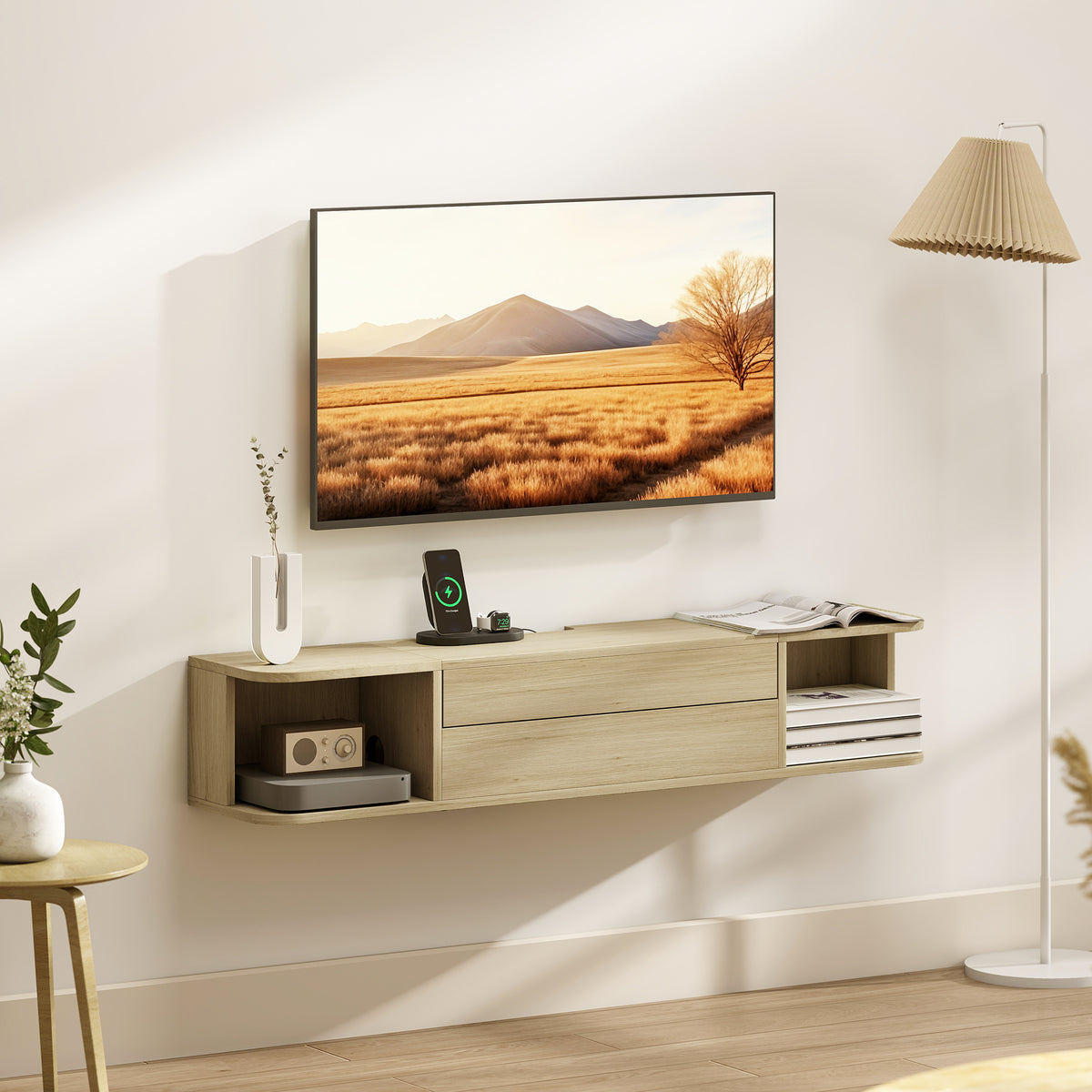 Meuble TV suspendu,50 pouces, tiroir étagères passe-câbles 120x24x22,4cm. Effet bois naturel