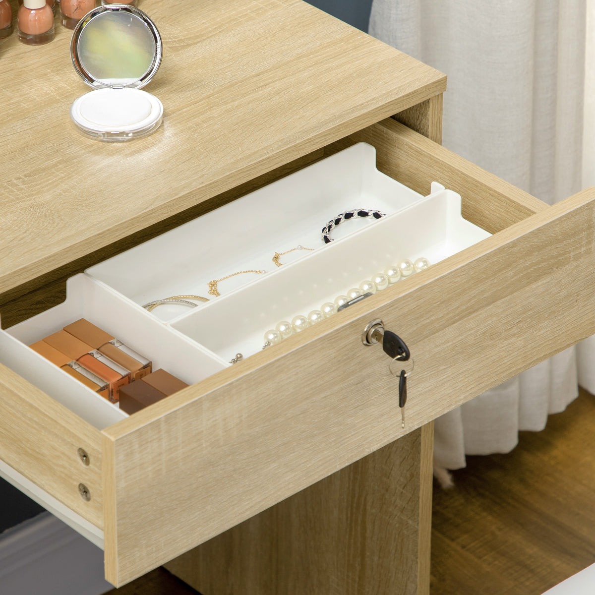coiffeuse table de maquillage, tabouret rembourré, grand miroir, plusieurs étagères ouvertes, 4 tiroirs bois naturel