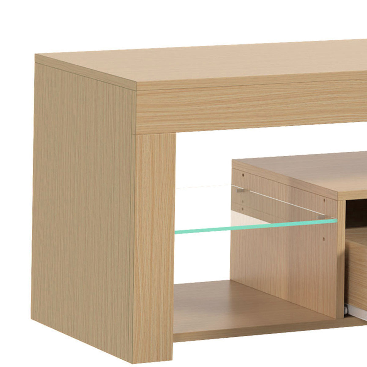 Meuble TV 140 cm, 65 Pouces avec Étagères en Verre Réglables, Tiroir et Compartiments Ouverts, Chêne