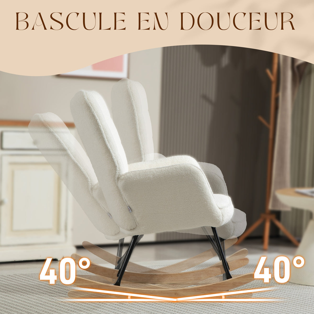 Fauteuil à bascule, effet laine, structure en acier 71 x 98 x 101 cm blanc
