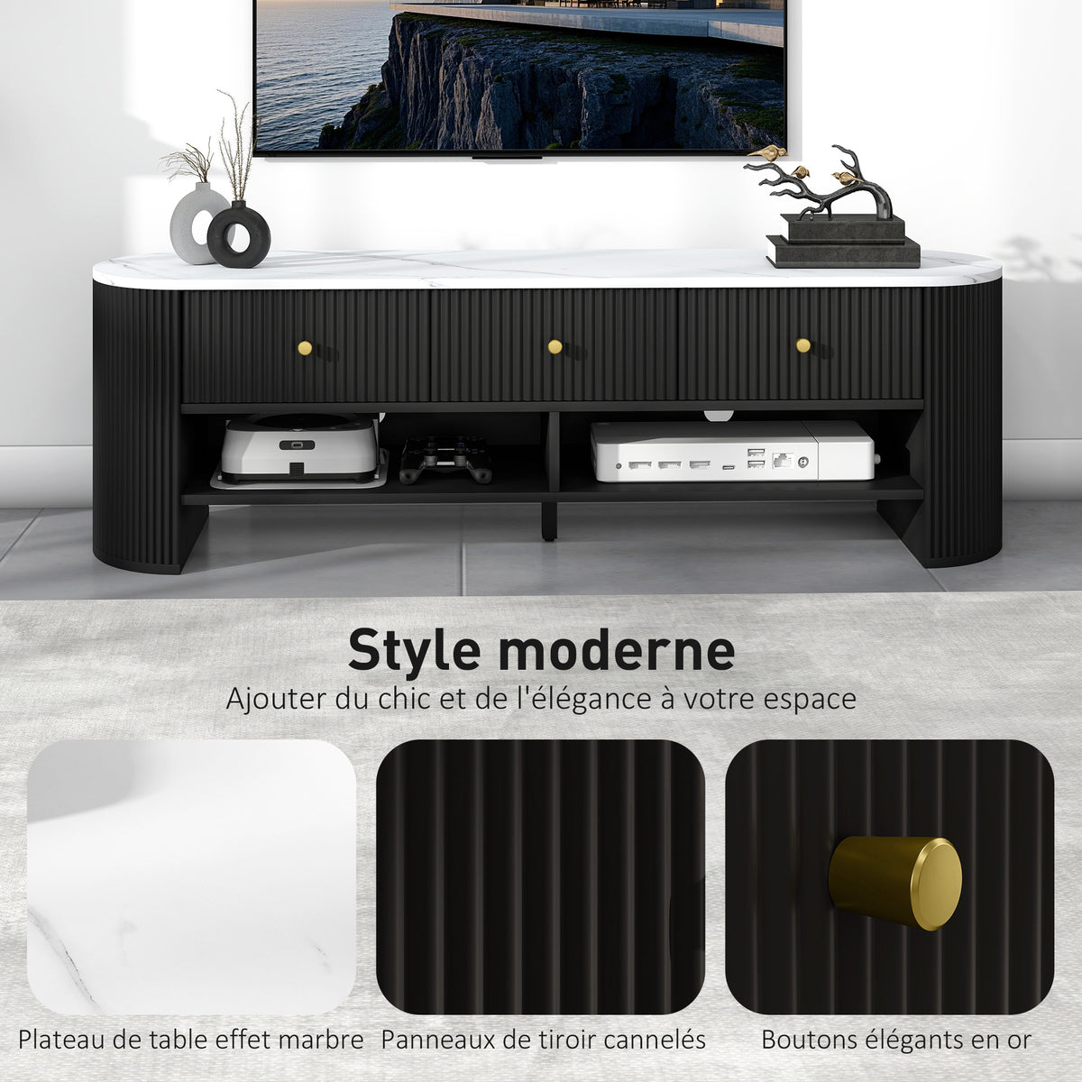 Meuble TV 140 cm, 65 pouces effet marbre avec 3 tiroirs façades à cannelures 2 étagères noir