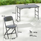 Salon de jardin extérieur avec 4 chaises pliables table réglable en hauteur 118 cm gris foncé
