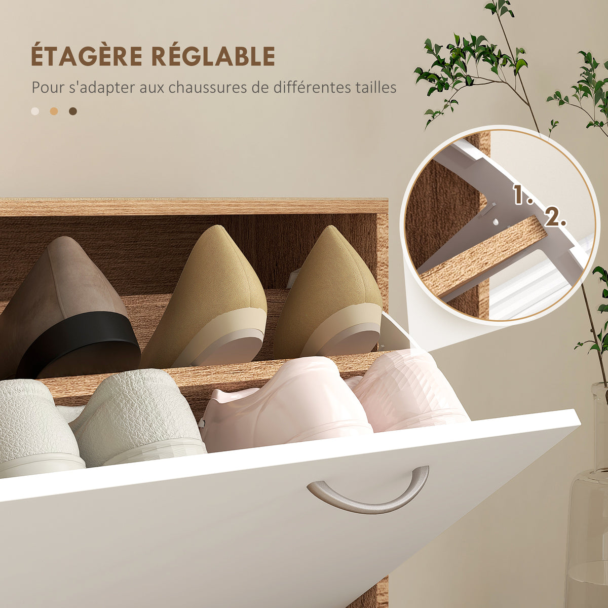 Meuble d'entrée avec  porte-manteau, miroir et banc à chaussures - 6 crochets et étagère réglable