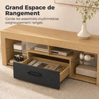 Meuble TV 140 cm, 65 Pouces avec Étagères en Verre Réglables, Tiroir et Compartiments Ouverts, Chêne