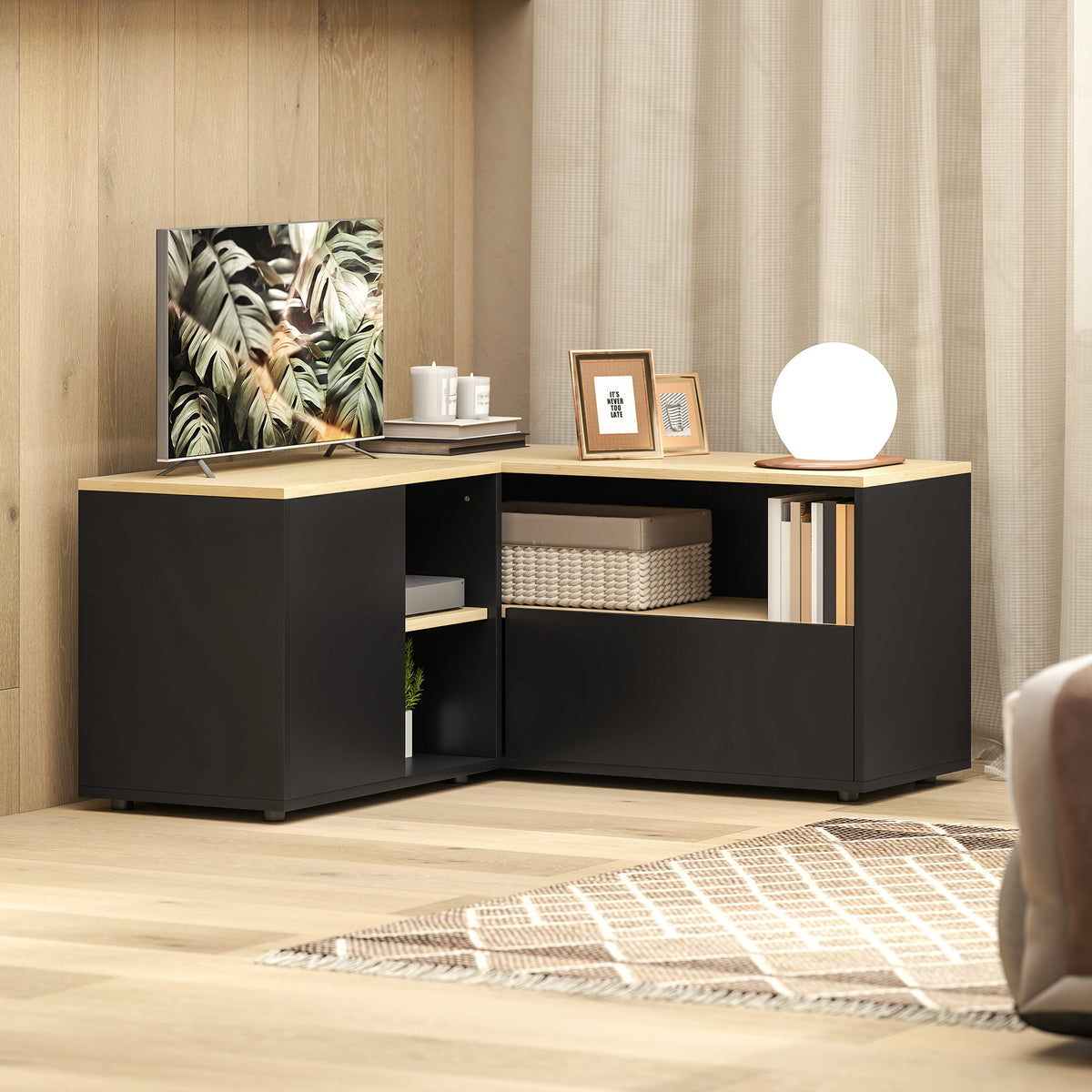 Meuble TV d'angle, 40 pouces avec 2 placards et 3 niches 90 x 90 x 45 cm, en chêne et noir