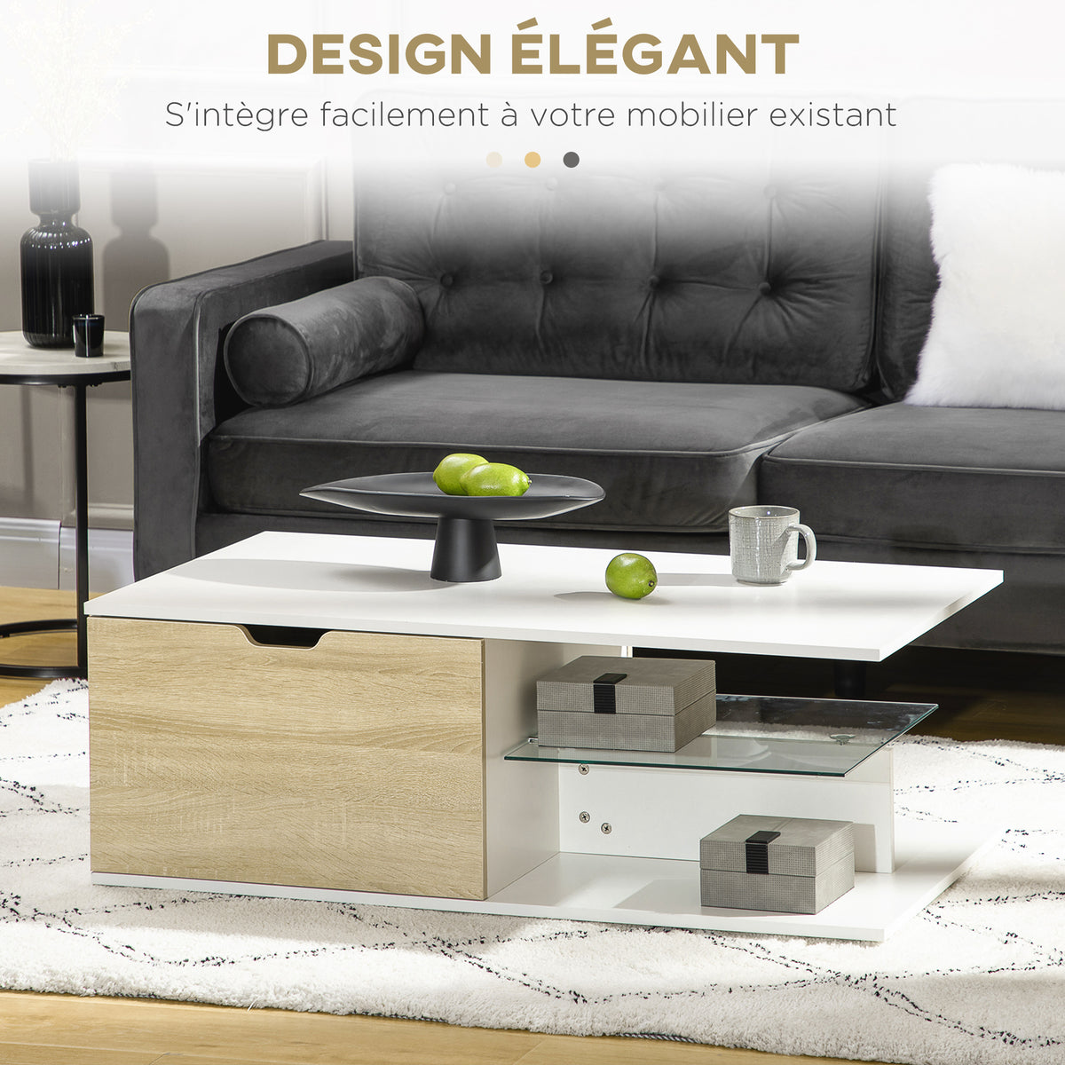 Table basse rectangulaire, 2 tiroirs 2 niches étagère verre trempé, chêne clair