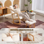 Fauteuil à bascule avec repose-pieds, en tissu, pieds en bois, 64,5 x 82 x 89 cm, blanc
