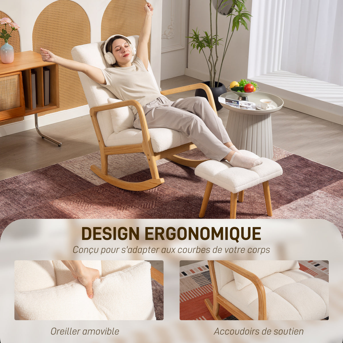 Fauteuil à bascule avec repose-pieds, en tissu, pieds en bois, 64,5 x 82 x 89 cm, blanc