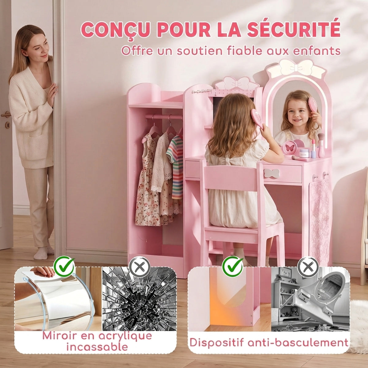 Coiffeuse pour Enfants avec Tabouret et Miroir Lumineux, Rose