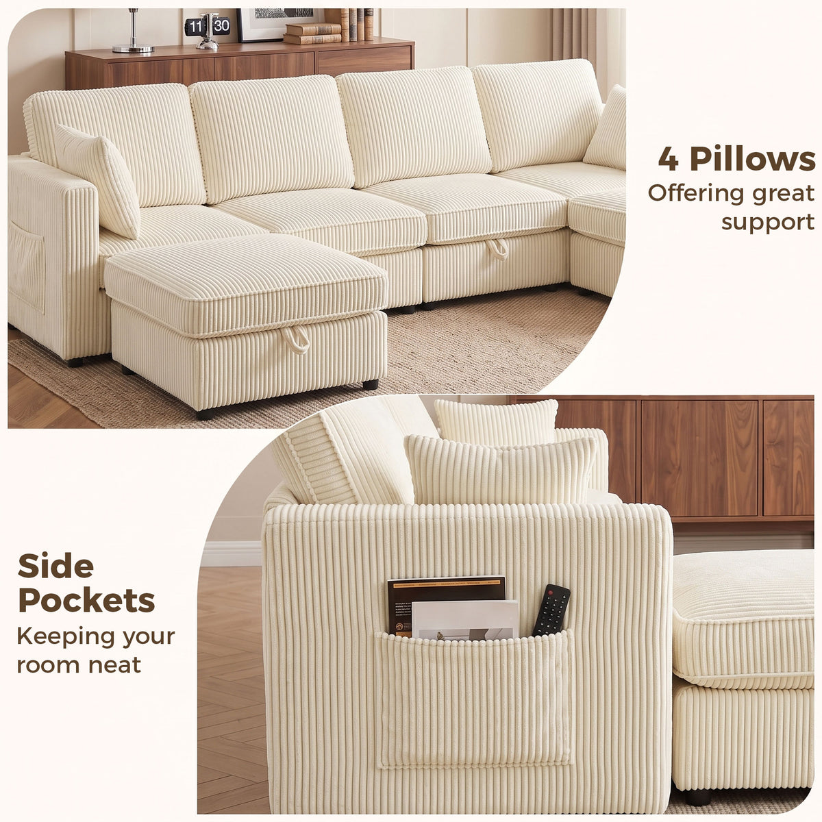 Canapé 4 Places avec 2 Poufs de Rangement, Modulable en U 306 cm en Velours, 4 Coussins, Crème