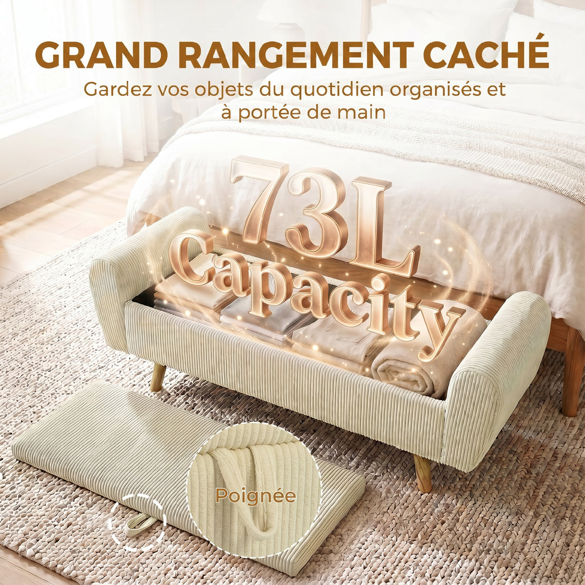 Banc de rangement 73 L, coffre de rangement et pieds en bois d'hévéa, beige