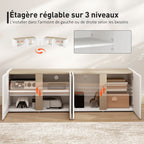 Meuble TV, 4 portes à fermeture amortie, étagère réglable et passe-câbles, 135 x 38 x 45 cm, blanc