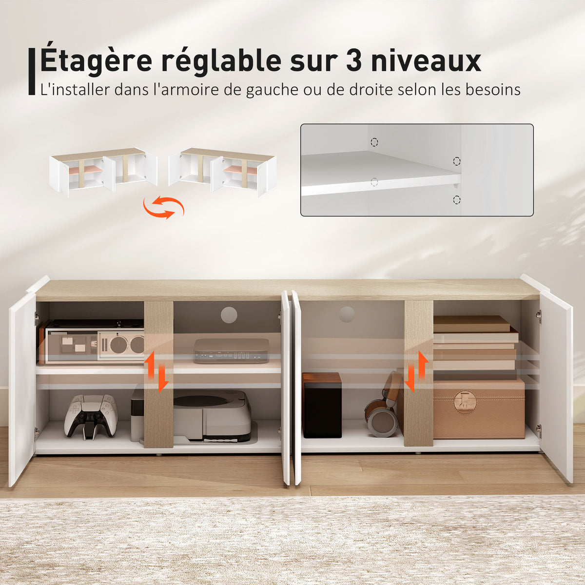 Meuble TV, 4 portes à fermeture amortie, étagère réglable et passe-câbles, 135 x 38 x 45 cm, blanc