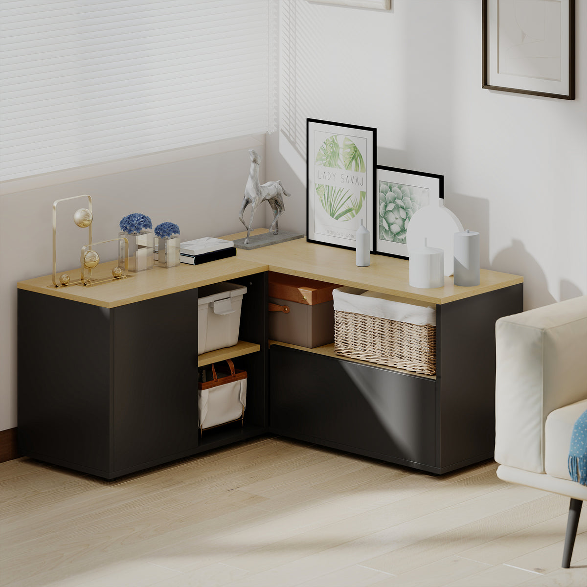 Meuble TV d'angle, 40 pouces avec 2 placards et 3 niches 90 x 90 x 45 cm, en chêne et noir