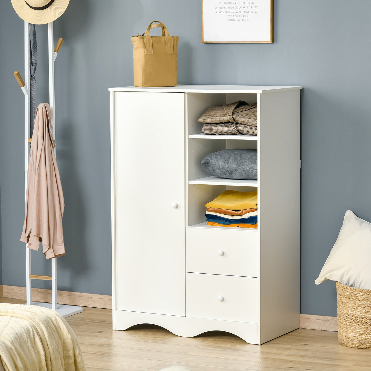 Armoire avec Porte et 5 étagères, 3 niches, 2 tiroirs, blanc