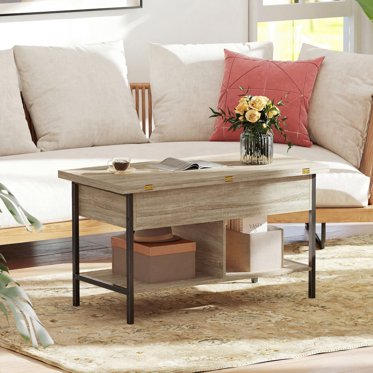 Table basse relevable et extensible, compartiment caché étagères ouvertes, 98x49x55cm, bois naturel