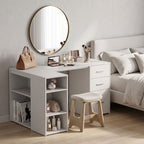Bureau d'Angle, 3 Tiroirs, 5 Compartiments, Étagères Réglables, 140x100x75cm, Blanc