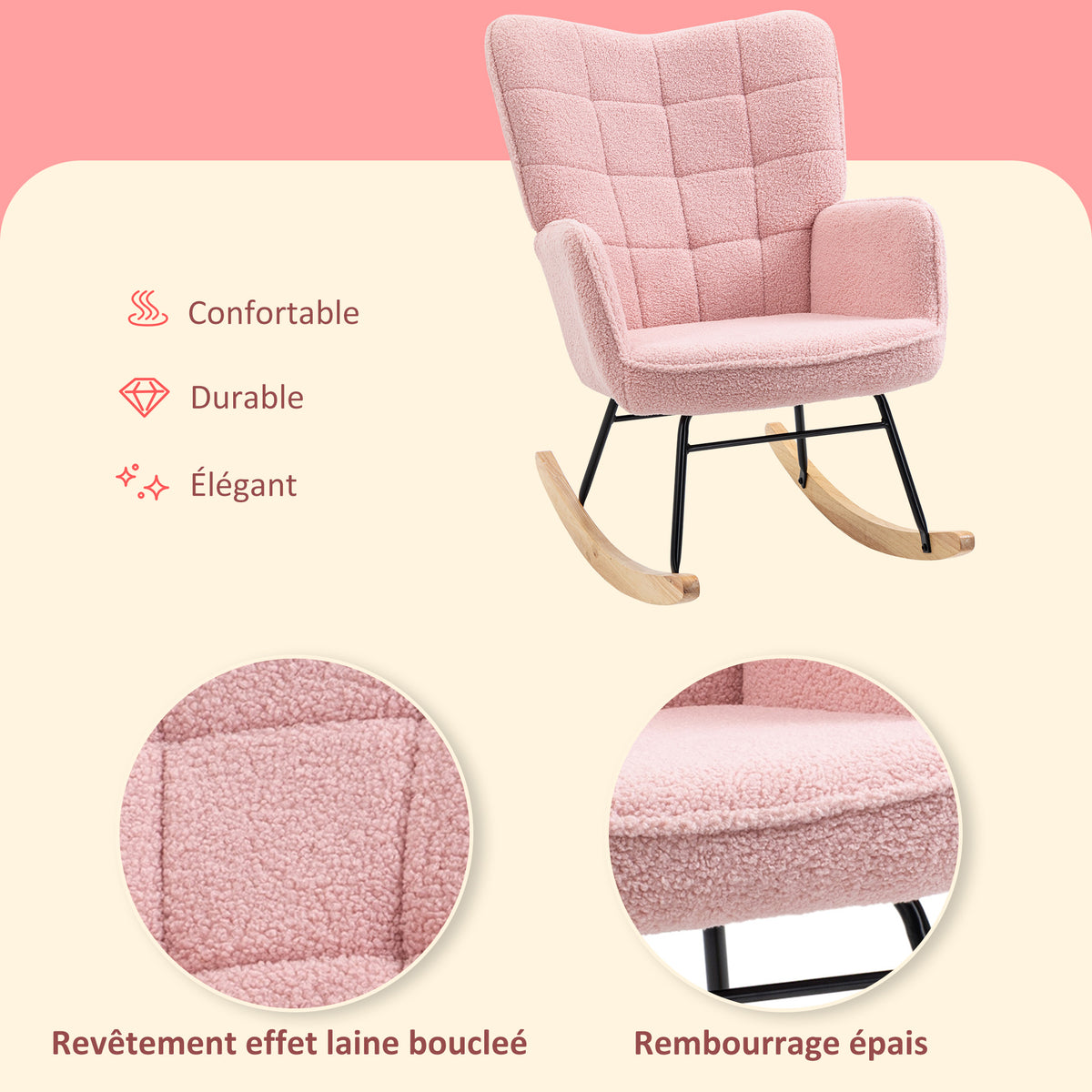 Fauteuil à bascule, structure en acier 71 x 98 x 101 cm rose