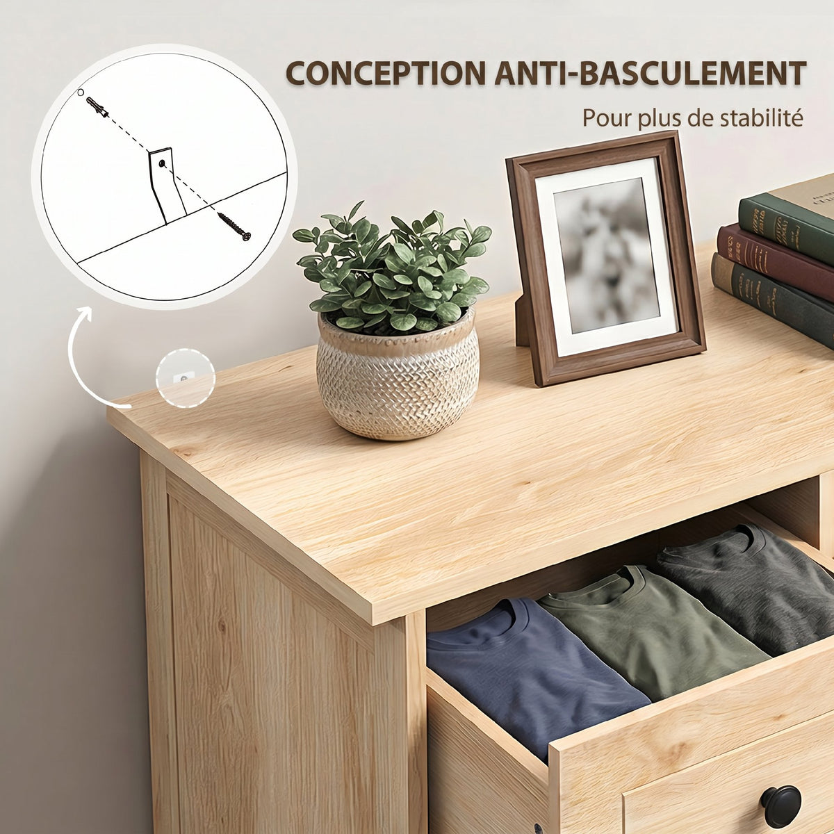 Commode 5 tiroirs, chêne et poignée métal noir