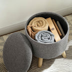 Pouf rond repose-pieds avec coffre de rangement pieds en bois gris