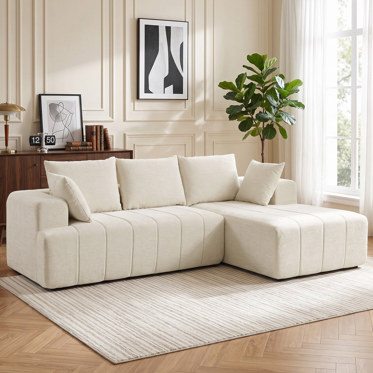 Canapé d'angle 256 cm avec méridienne, canapé-lit 3 places, beige