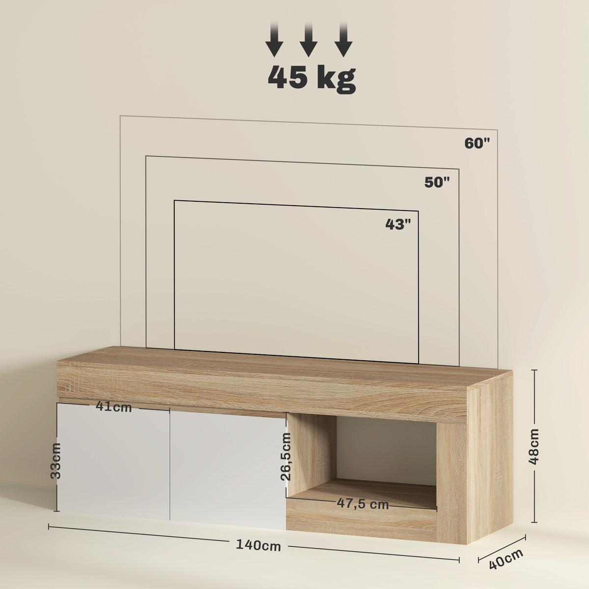 Meuble TV 2 portes jusqu'à 60 pouces, placard et étagère ouverte, effet bois naturel