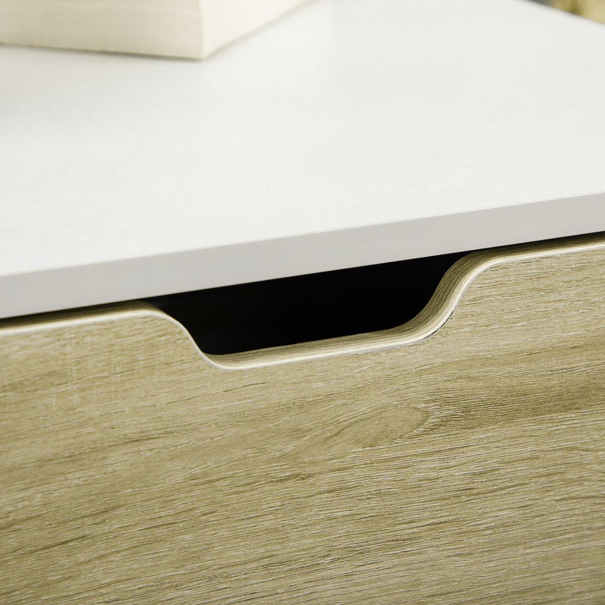 Table basse rectangulaire, 2 tiroirs 2 niches étagère verre trempé, chêne clair