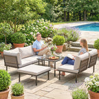 Salon de jardin modulable 6 personnes, table basse avec plateau en verre trempé, gris clair