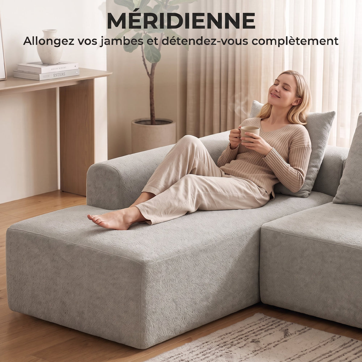 Canapé d'Angle, Canapé 3 Places en L 242 cm, Gris Clair