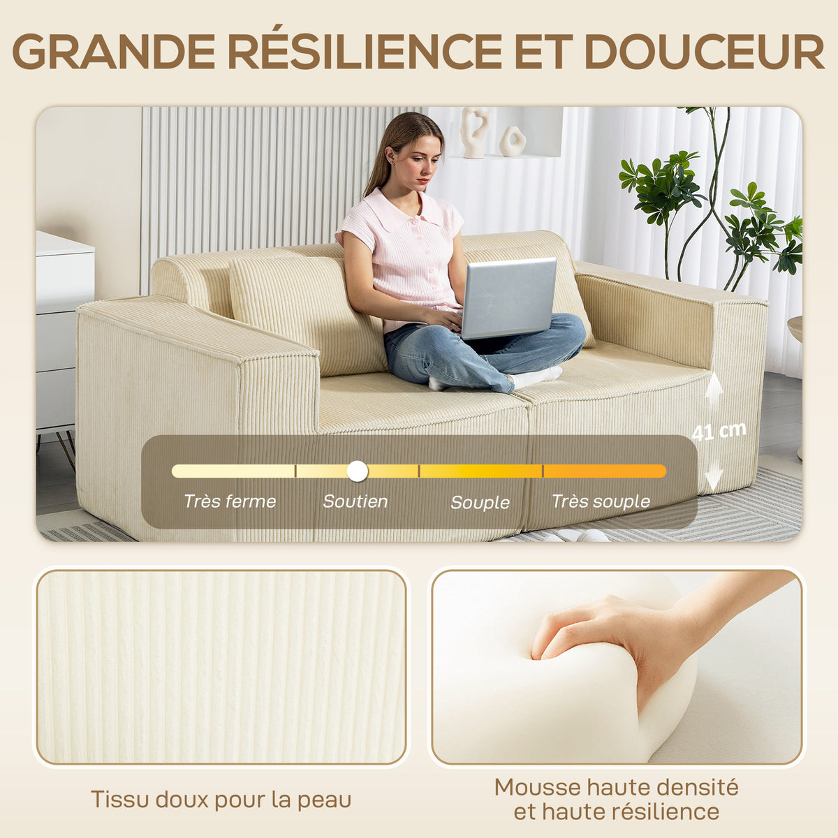 Canapé 3 places en velours, 2 coussins, 202x90x76cm, beige