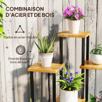 Support à plantes à 7 niveaux, étagère plante en acier et bois, bois naturel