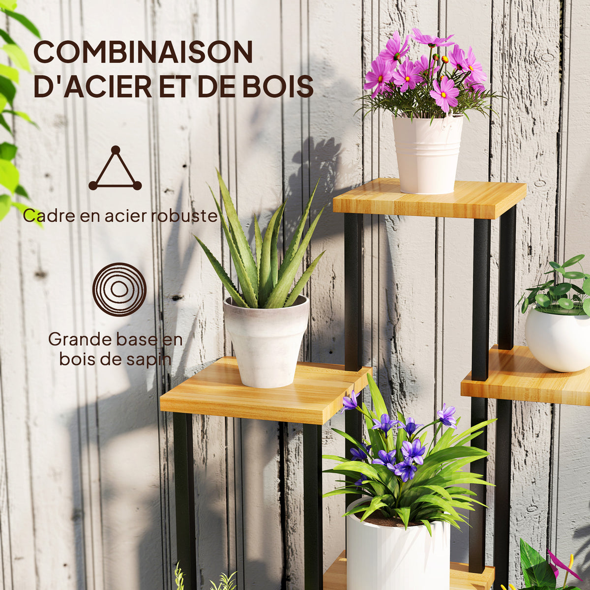 Support à plantes à 7 niveaux, étagère plante en acier et bois, bois naturel