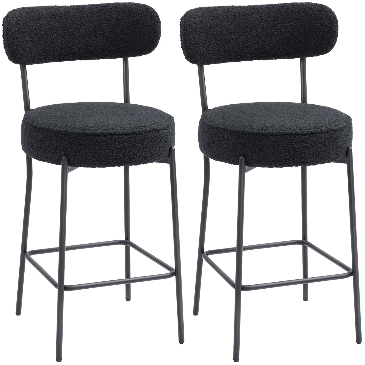 Lot de 2 tabourets de bar en tissu, dossier courbé, repose-pieds, 49x52x95cm, noir
